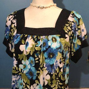 Floral Print Blouse ~ Square-Neck ~ Beaded Trim